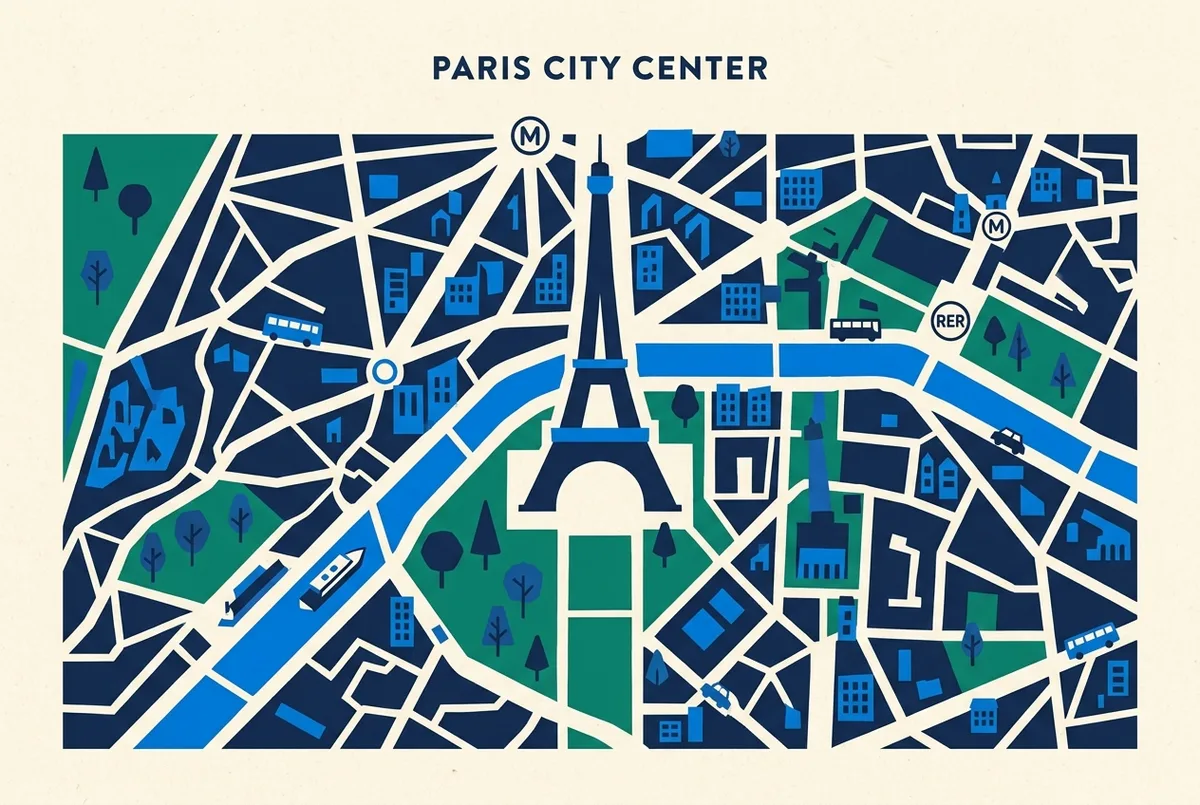 Map style illustration of the Eiffel Tower area showing the Champ de Mars, Seine river, Metro stop, RER station and cruise pier with generic labels