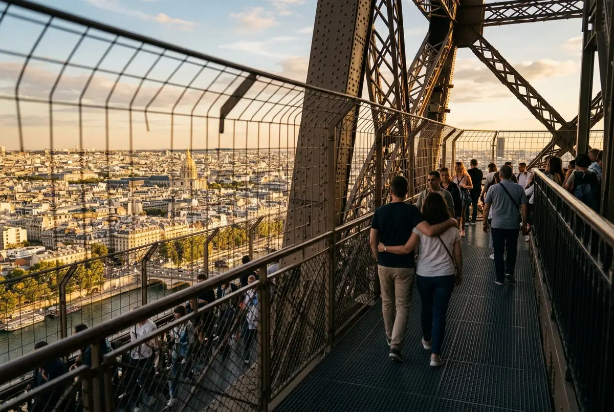 visitors walking the second floor deck of the Eiffel Tower at a relaxed pace with Paris rooftops below, how long to visit the Eiffel Tower