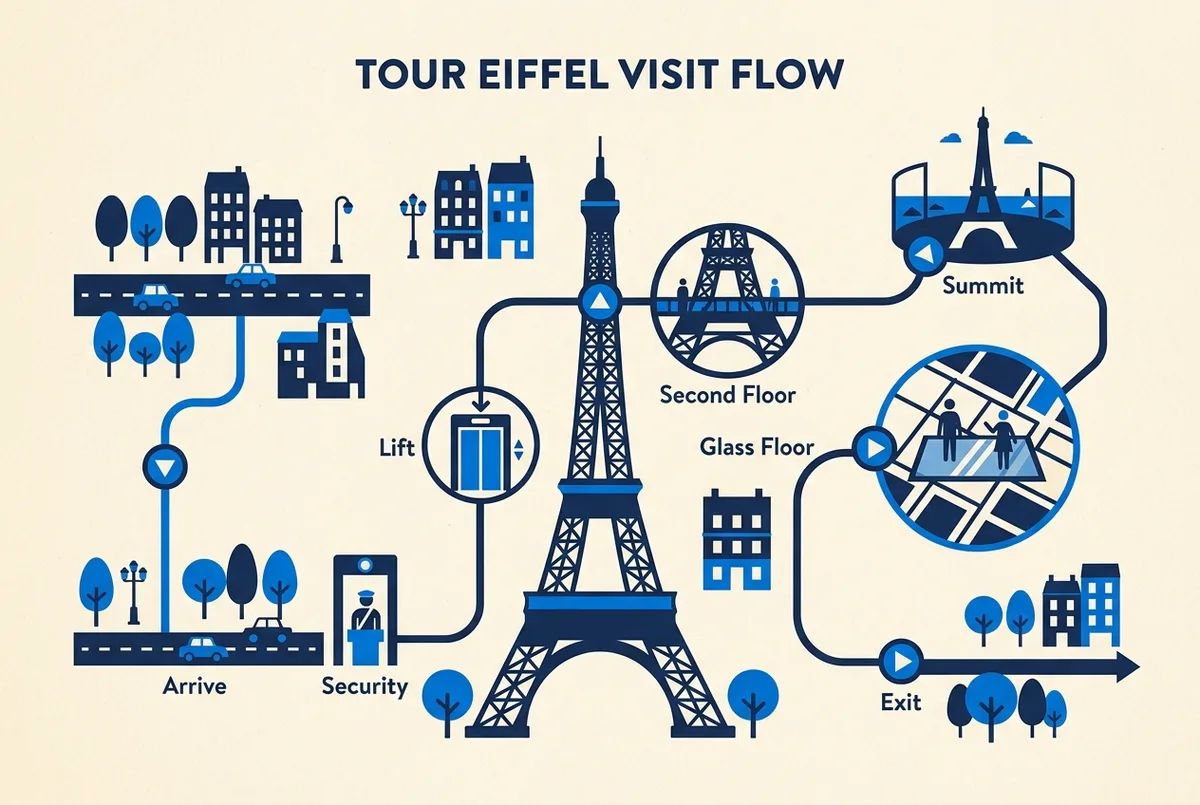 Timeline infographic with generic labels: Arrive, Security, Lift, Second Floor, Summit, Glass Floor, Exit, showing the flow of an Eiffel Tower visit