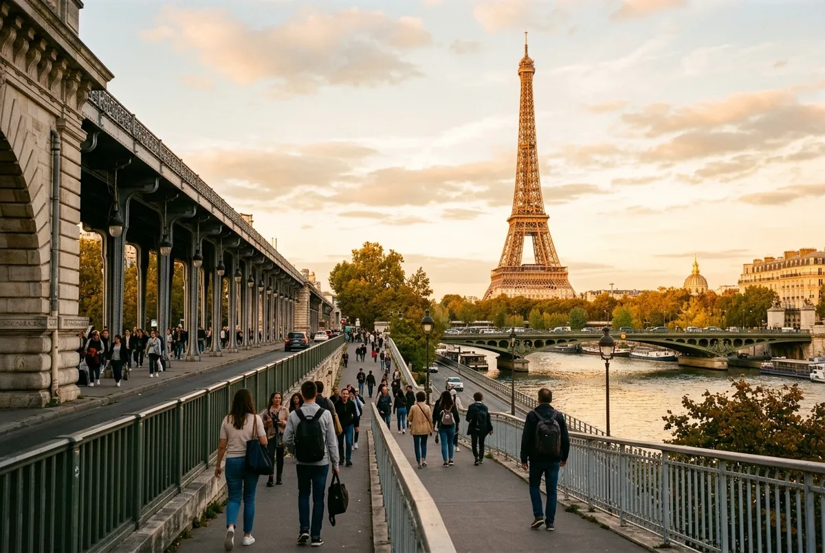 visitors walking from the Bir-Hakeim metro station toward the Eiffel Tower at golden hour, how to get to the Eiffel Tower