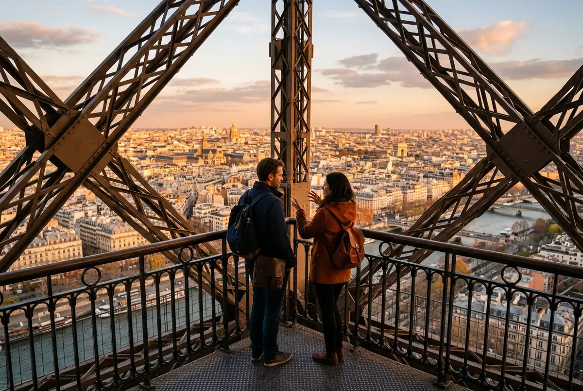 Viajero asomado al mirador de la cima de la Torre Eiffel con París extendida hasta el horizonte en un día claro, merece la pena subir a la cima de la torre eiffel