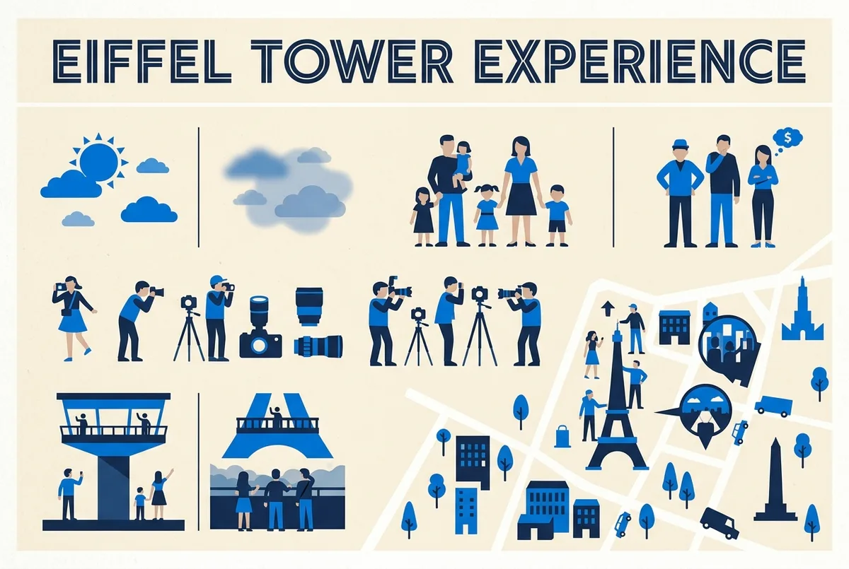 Infografía de los tres niveles de la Torre Eiffel con la cima resaltada y el ascensor del segundo piso a la plataforma superior, merece la pena la cima de la torre eiffel