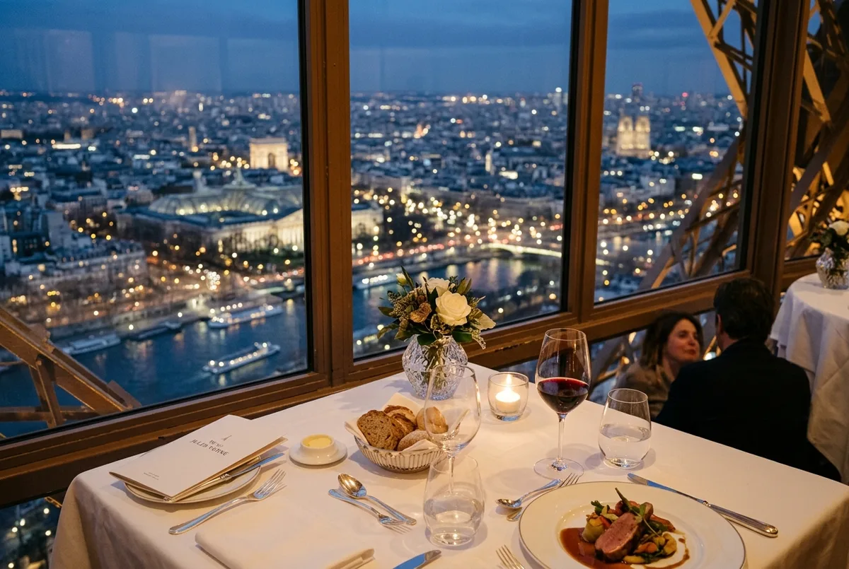 fine dining table with white linen and a night view of Paris from the Jules Verne restaurant in the Eiffel Tower, jules verne eiffel tower