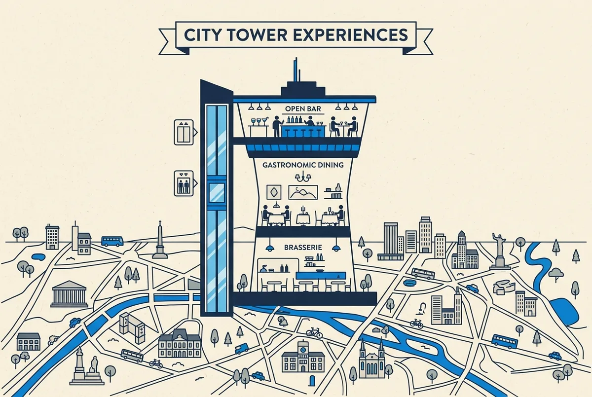 Comparison graphic of tower dining with generic labels: First Floor Brasserie, Second Level Gastronomic Restaurant, Summit Champagne Bar, Lift, Reservation