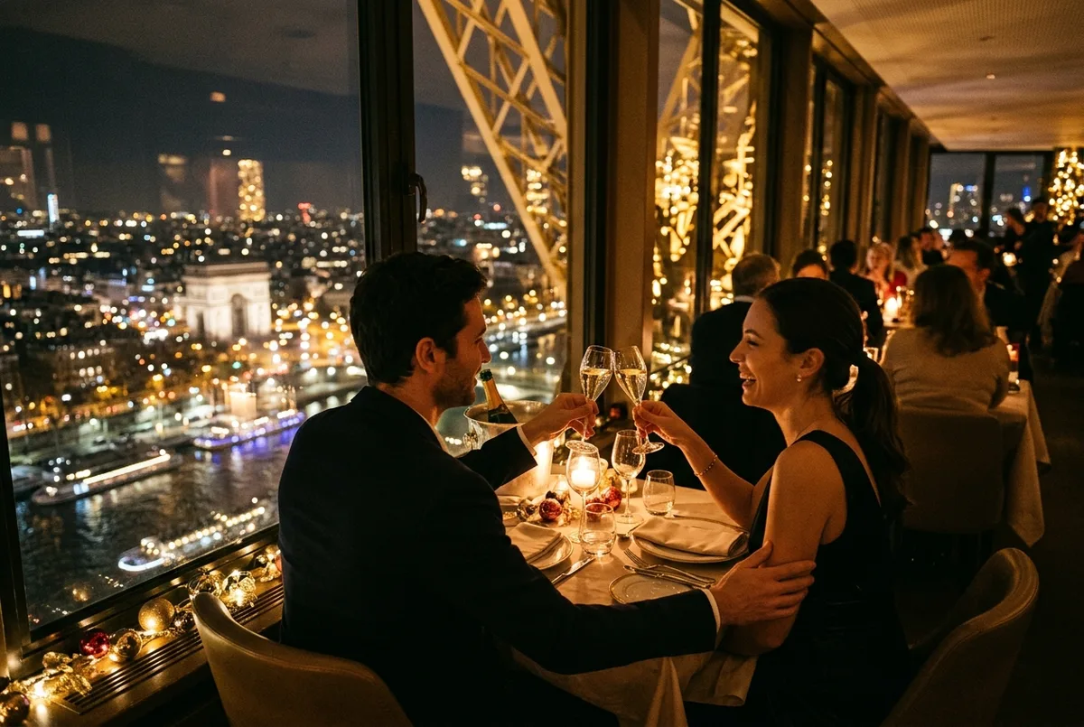 Coppia che brinda a una cena di Capodanno con Parigi illuminata dalla finestra di un ristorante della Torre Eiffel, cena di capodanno sulla torre eiffel