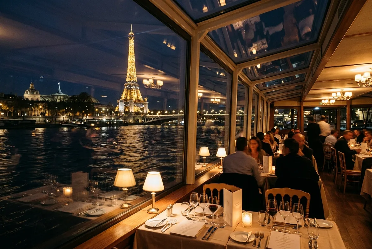 Mesa posta junto à janela de um barco no rio Sena ao anoitecer com a Torre Eiffel iluminada, jantar cruzeiro rio sena torre eiffel