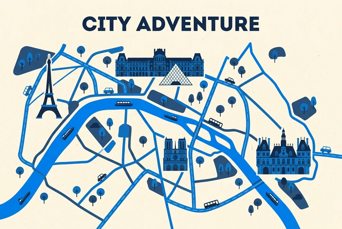 Mapa ilustrado do percurso do cruzeiro no Sena a partir da Torre Eiffel, com Notre-Dame, o Hôtel de Ville e o Louvre assinalados