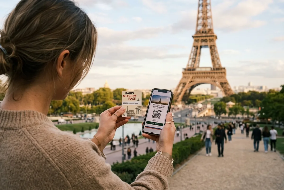 Traveler holding a museum pass card and a phone ticket side by side near the Eiffel Tower on a soft afternoon, Paris Museum Pass and Eiffel Tower tickets
