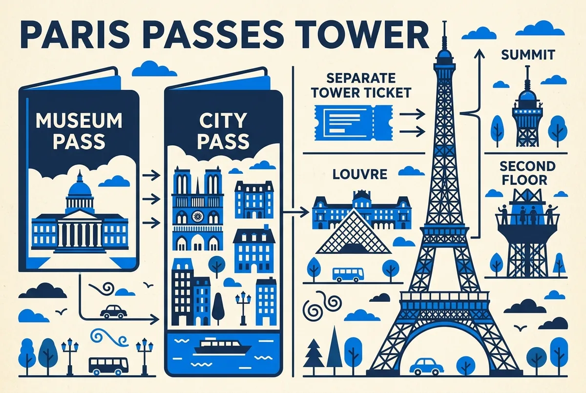 Comparison infographic style graphic of Paris passes and the Eiffel Tower, with generic labels: Museum Pass, City Pass, Separate Tower Ticket, Louvre, Second Floor, Summit