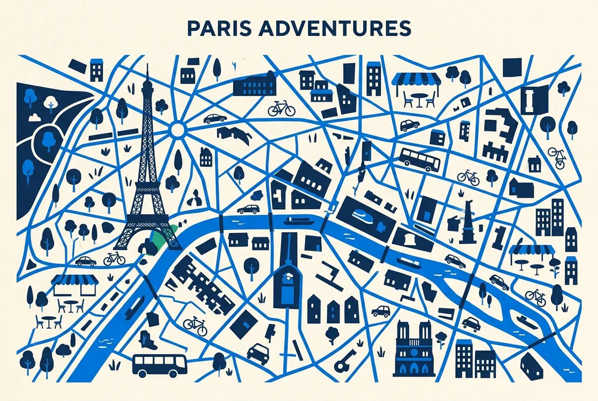 Map-style graphic with generic labels: Eiffel Tower, Trocadero, Champ de Mars, Seine River, First Floor Brasserie, Hotel Terrace