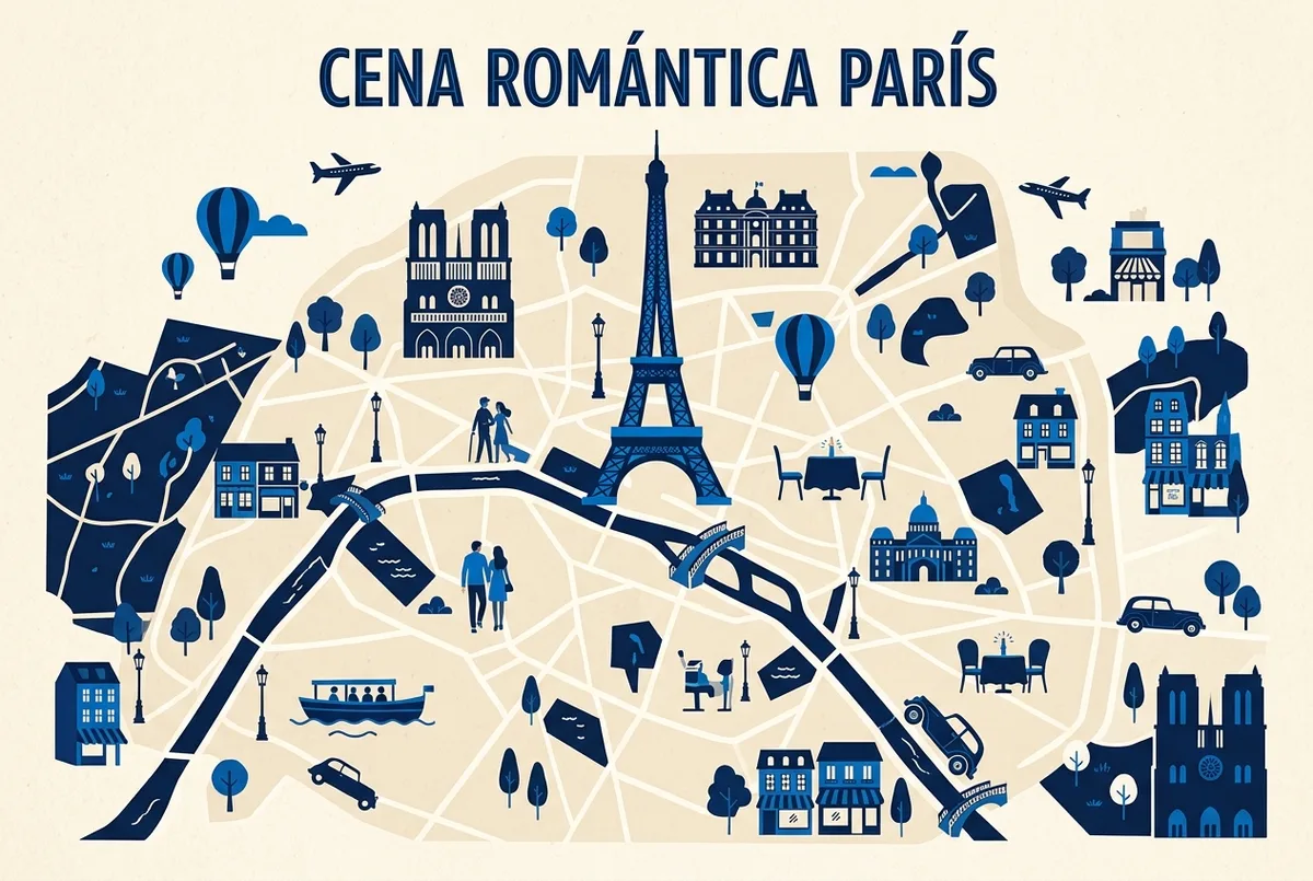 illustrated map of Paris highlights for Cena Romántica en la Torre Eiffel: Ideas para Parejas, cena romantica torre eiffel