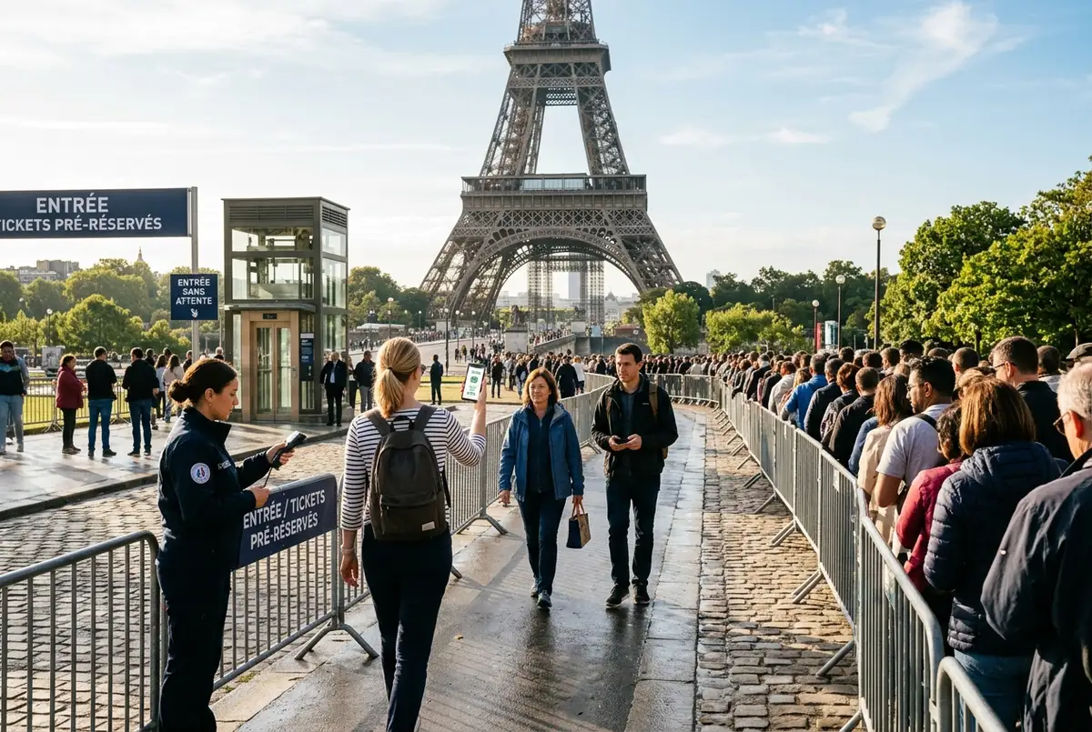 Small group of visitors with phone vouchers walking past a long crowd toward the Eiffel Tower entrance on a bright morning, skip the line Eiffel Tower tickets