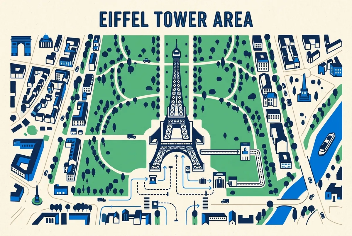 Simple map style graphic of the Eiffel Tower area showing where the ticket queue, security check and lift queue sit, with generic labels: Champ de Mars, Security, Ticket Point, Lifts, Second Floor, Summit