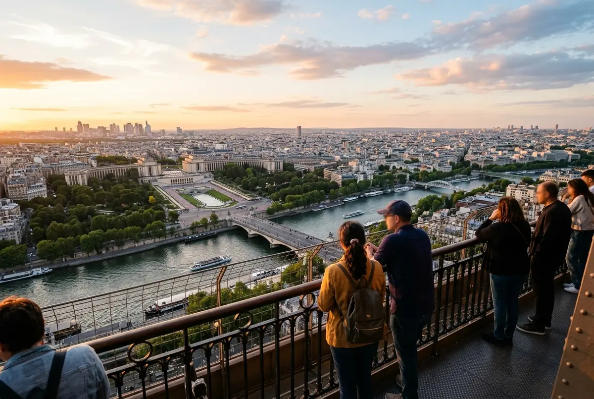 Vista do topo da Torre Eiffel ao fim da tarde sobre os telhados de Paris, com o Arco do Triunfo ao longe e o rio Sena a brilhar