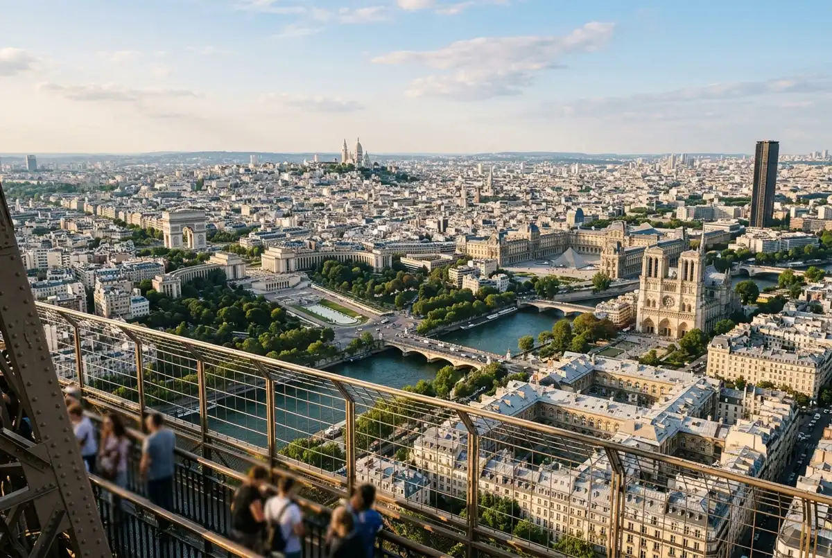 Mapa ilustrado de Paris com os monumentos vistos da Torre Eiffel: Arco do Triunfo, Sacré-Coeur, Louvre, Notre-Dame, Inválidos e Torre de Montparnasse