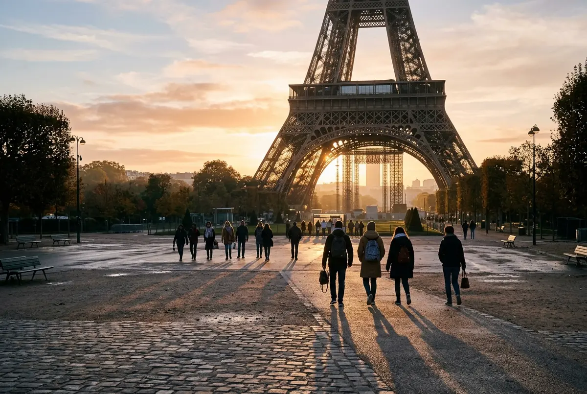 Couple avec un billet sur téléphone devant l'entrée d'un pilier de la tour Eiffel à Paris, ciel clair du matin, visite bien préparée