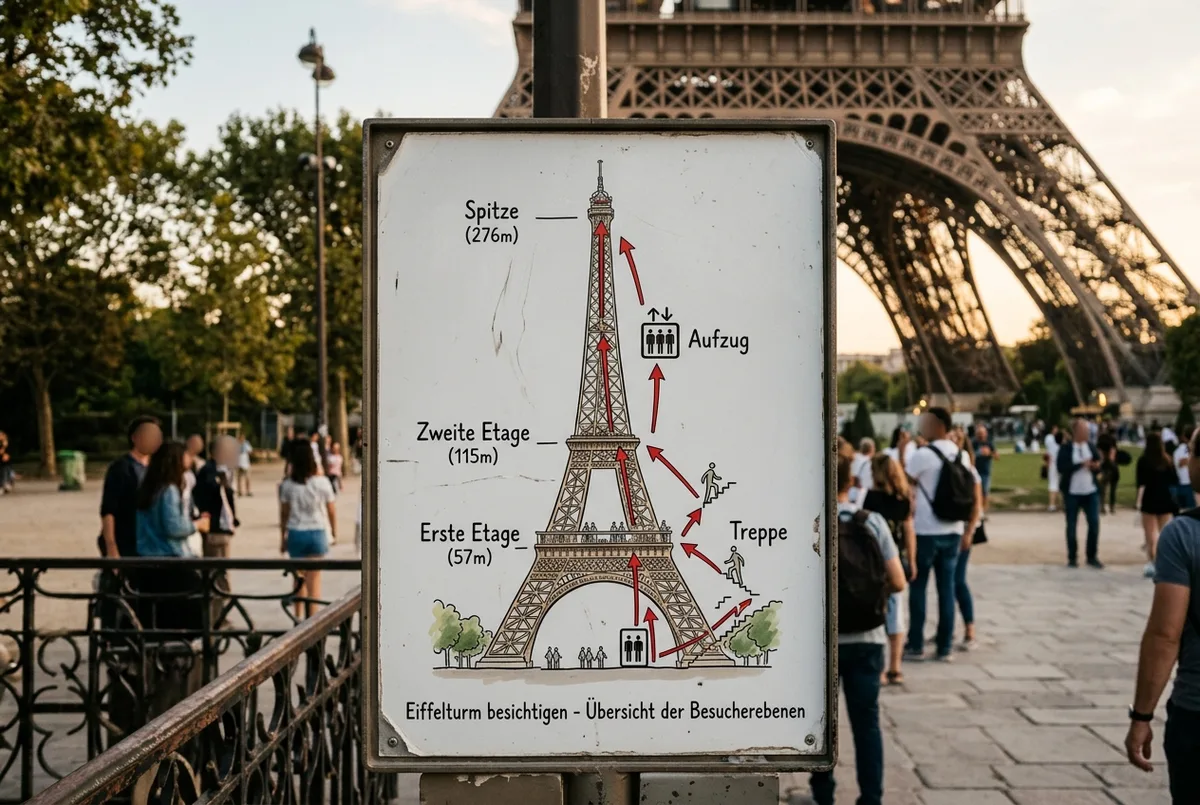 Schéma simple d'une visite de la tour Eiffel : point de rendez-vous, sécurité, ascenseur, deuxième étage, sommet et descente