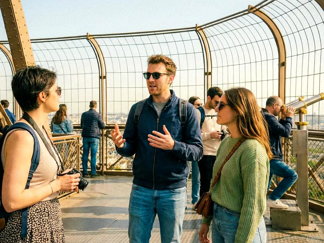 Besucher mit Eiffelturm Tour Tickets genießen die Aussicht über Paris