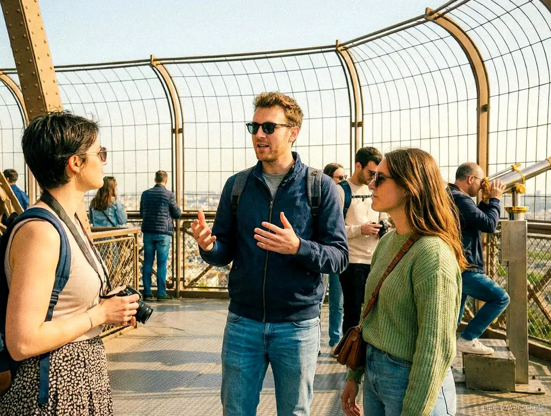 Visitants amb entrades de visita guiada de la Torre Eiffel gaudint de la vista de París